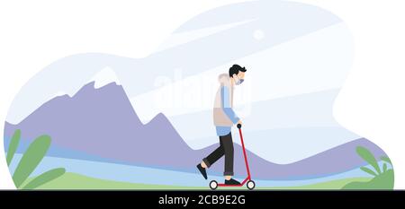 Jeune homme sur le scooter de kick. Gars avec sac à dos roulant sur scooter électrique. Le personnage Hipster utilise le transport urbain moderne. Illustration de Vecteur