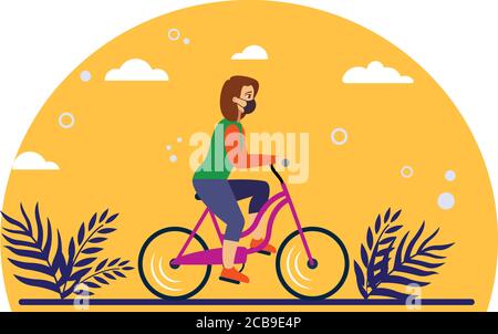 Simple Flat Vector Illustration d'UNE jeune femme qui fait du vélo et porte un masque de protection pendant la pandémie du coronavirus Covid-19. Illustration de Vecteur