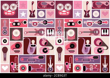Collage d'instruments de musique, illustration vectorielle pop-art. Affiche musicale avec de nombreux éléments différents. Peut être utilisé comme arrière-plan transparent. Illustration de Vecteur