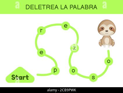Deletrea la palabra - Spell le mot. Labyrinthe pour les enfants. Modèle de jeu de mots d'orthographe. Apprenez à lire le mot sloth. Page d'activité pour l'étude en espagnol Illustration de Vecteur