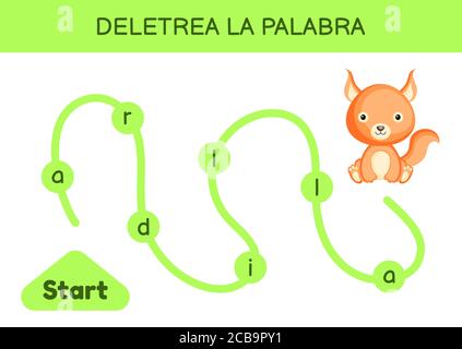 Deletrea la palabra - Spell le mot. Labyrinthe pour les enfants. Modèle de jeu de mots d'orthographe. Apprenez à lire le mot écurrel. Page d'activité pour l'étude en espagnol Illustration de Vecteur