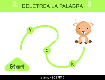 Deletrea la palabra - Spell le mot. Labyrinthe pour les enfants. Modèle de jeu de mots d'orthographe. Apprenez à lire le mot yak. Page d'activité pour l'étude en espagnol Illustration de Vecteur