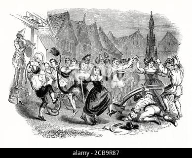 Une vieille gravure de montrer les gens célébrant le lundi de la charrue, le début traditionnel de l'année agricole anglaise. Le lundi de la charrue est normalement le premier lundi après le douzième jour (Epiphanie), 6 janvier. Les références à Plough lundi remontent à l'époque médiévale. Il était courant qu'une charrue (ici au centre à droite) soit transportée dans un cortège, collectant de l'argent. Il y avait souvent des musiciens et dansaient avec une vieille femme ou un garçon habillé comme une vieille femme (le « Bessy ») et un homme dans le rôle de l'« imbécile » ou du clown (au centre de la photo). Banque D'Images
