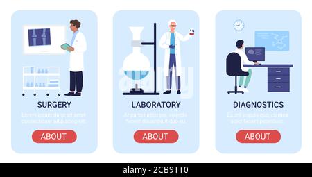 Jeu d'illustrations vectorielles du service hospitalier. Bande dessinée plate verticale mobile application bannières de site Web, conception d'interface d'écran avec la recherche de laboratoire médical, diagnostic de laboratoire, traumatologie chirurgie médecine Illustration de Vecteur