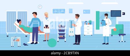 Illustration du vecteur d'examen obstétrique de l'hôpital. Caricature plat obstétricien gynécologue médecin équipe examinant la femme enceinte patient avant l'accouchement. Médecine de maternité antécédents médicaux Illustration de Vecteur