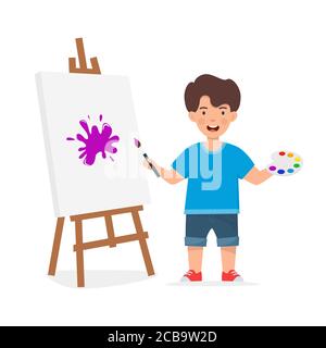 Joyeux enfant peinture sur Easel. Garçon souriant avec brosse et peinture. Bannière du centre d'art pour enfants, circulaire. Illustration vectorielle Illustration de Vecteur