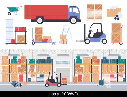 Illustration vectorielle de la réserve d'entrepôt. Dessin animé entreprise d'entreposage à plat entrepôt intérieur avec boîtes de marchandises du magasin sur les étagères de palettes, stock d'emballage et camion de messagerie isolé sur blanc Illustration de Vecteur