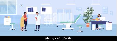 Illustration du vecteur de contrôle de traumatologie. Caricature femme et homme personnages visite médecin traumatologue en clinique médicale ou à l'hôpital pour un examen de traumatologie. Médecine soins de santé Illustration de Vecteur