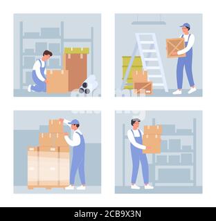 Illustrations vectorielles des employés d'entrepôt. Caricature personnel d'entreposage à plat personnes tenant des boîtes, empilant des boîtes et des emballages en palette, travaillant sur l'emballage des marchandises dans magasin de gros isolé sur blanc Illustration de Vecteur