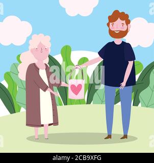 grand-mère mignon et jeune homme avec sac cadeau amour coeur illustration vectorielle de dessin animé Illustration de Vecteur