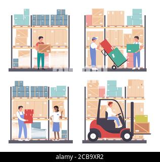 Ensemble d'illustrations vectorielles de la logistique de l'entrepôt. Les employés de dessin animé travaillent dans la réserve de gros de magasin, les boîtes de transport, le transport et le chargement des colis avec le chargeur de chariot élévateur de stock isolé sur blanc Illustration de Vecteur