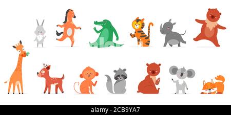 Illustrations vectorielles plates de dessins animés. Drôle de personnages animaux sauvages de zoo souriant et agitant, adorable collection de faune avec lièvre rhinocéros ours en peluche girafe cerf singe raton laveur isolé sur blanc Illustration de Vecteur