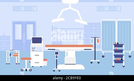 Illustration vectorielle de l'intérieur de la chambre d'hôpital. Caricature vide bureau médical lieu de travail de l'hôpital pour les médecins rendez-vous ou consultation, clinique moderne mobilier médical, équipement, lit et arrière-plan de table Illustration de Vecteur