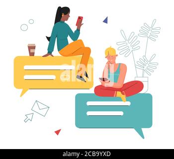 Illustration du vecteur de messages de discussion. Dessin animé plat de petites filles et de personnages de type chat dans le messager, en utilisant le smartphone, assis sur la bulle de sms. Concept de conversation privée en ligne isolé sur blanc Illustration de Vecteur