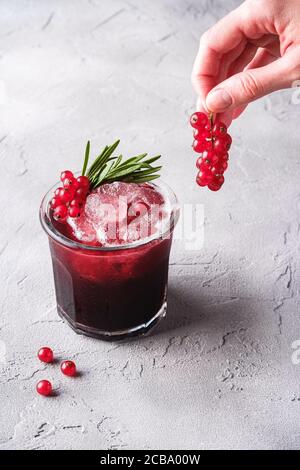 Les mains de femme tient les baies de cassis pour la préparation de glace fraîche boisson froide aux fruits dans le verre avec feuille de romarin, fond en béton de pierre Banque D'Images