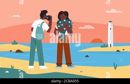 Personnes photographiant la nature paysage mer illustration vectorielle. Un amoureux des dessins animés couple des personnages touristiques appréciant le coucher du soleil, prenant photo selfie de paysage marin naturel de plage avec le fond de phare Illustration de Vecteur