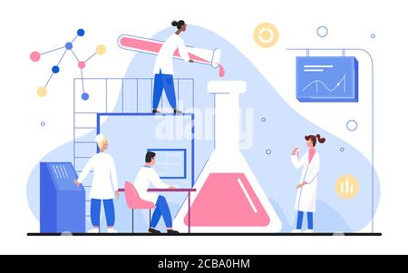 Les gens travaillent dans l'illustration vectorielle de laboratoire scientifique. Caricature plate minuscules chercheurs scientifiques personnages travaillant avec des équipements scientifiques de laboratoire sur la recherche en médecine de chimie isolé sur blanc Illustration de Vecteur