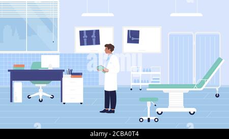 Illustration vectorielle de la salle de traumatologie de l'hôpital. Caricature traumatologie cabinet de chirurgie avec médecin traumatologue caractère, rayons X de l'os brisé, clinique moderne mobilier médical et l'arrière-plan de l'équipement Illustration de Vecteur