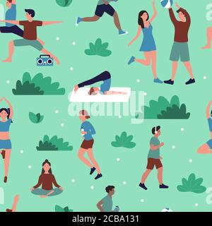 Les personnes en été en plein air de parc de ville activité fluide schéma illustration vectorielle. Caricature femme homme amis et couple faisant du yoga et des activités sportives du matin ensemble nature fond Illustration de Vecteur