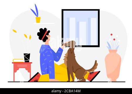 Illustration de vecteur de personnes et de chiens. Dessin animé plat heureux homme propriétaire personnage assis sur le sol à côté de son propre chien drôle, passer du temps amusant avec son propre animal ami ensemble, l'amitié d'animal de compagnie isolée sur blanc Illustration de Vecteur