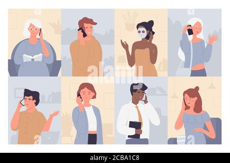 Les gens parlent sur le téléphone scénario jeu d'illustrations. Caricature homme plat femmes personnages parlant avec la famille, amis ou partenaire d'affaires, conversation de téléphone portable ou fond de la collection de dialogue mobile Illustration de Vecteur