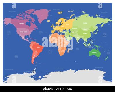 Carte politique colorée du monde divisée en six continents sur fond bleu foncé. Avec des labels de pays, de capitales, de mers et d'océans. Illustration vectorielle. Illustration de Vecteur