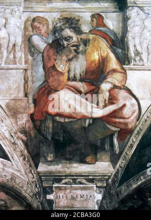 Michel-Ange (1475-1564). Jérémie, prophète. Détail d'une fresque (1508-1512) sur le plafond de la chapelle Sixtine. Basilique Saint-Pierre. Cité du Vatican. Image prise par 1999, avant la dernière restauration. Banque D'Images