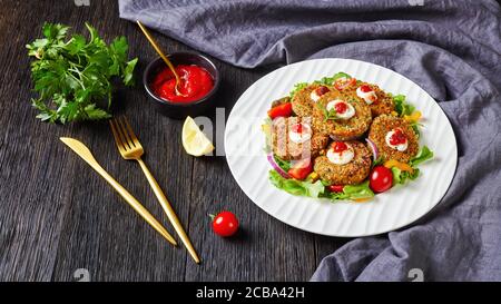 galettes de légumes de légumineuses, d'oignons et de légumes verts avec croûte de chapelure panko servies sur une assiette blanche avec salade fraîche et sauce tomate, vue horizontale f Banque D'Images