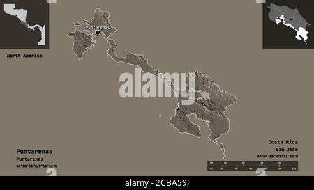 Forme de Puntarenas, province du Costa Rica, et sa capitale. Echelle de distance, aperçus et étiquettes. Carte d'altitude en couleur. Rendu 3D Banque D'Images