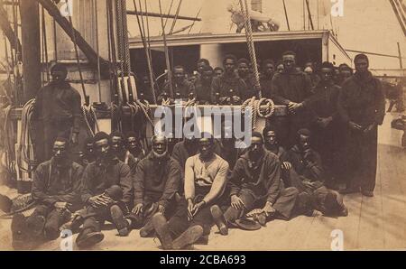 Contrabands à bord du navire américain Vermont, Port Royal, Caroline du Sud, 1861. Banque D'Images