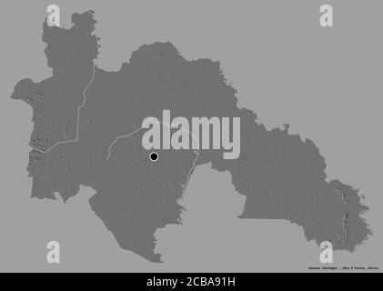 Forme de Savanes, district de Côte d'Ivoire, avec sa capitale isolée sur un fond de couleur unie. Carte d'élévation à deux niveaux. Rendu 3D Banque D'Images