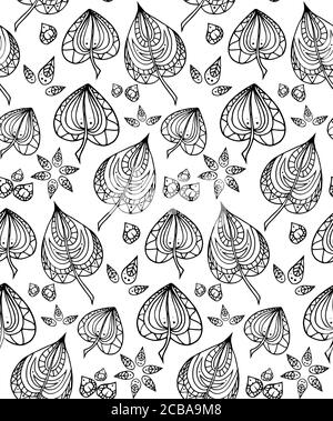 Texture sans couture avec feuilles de caniche noires et blanches avec motif zentangle. Arrière-plan vectoriel pour votre conception. Illustration de Vecteur