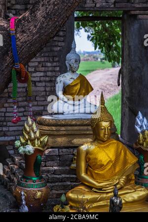 Nakhon Nayok, Thaïlande - 21 mars 2020 : statue de Bouddha à l'ancienne d'une église de 200 ans. Wat PAH Krathum. Mise au point sélective. Banque D'Images