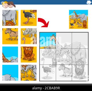Dessin animé Illustration de l'éducation Jigsaw Puzzle tâche pour les enfants avec Groupe de caractères d'animaux sauvages africains Illustration de Vecteur