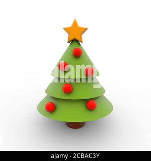 Rendu 3D d'un arbre de Noël avec ornements rouges et une étoile jaune sur le dessus Banque D'Images