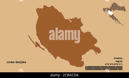 Forme de Licko-Senjska, comté de Croatie, avec sa capitale isolée sur fond solide. Échelle de distance, aperçu de la région et libellés. Composition du pa Banque D'Images