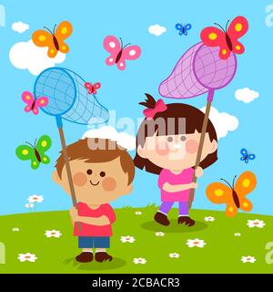Les enfants avec des filets de papillon attrapant des papillons. Banque D'Images