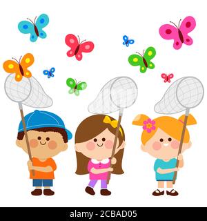Enfants jouant avec des filets de papillon et attrapant des papillons. Banque D'Images