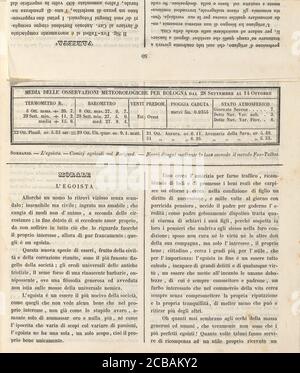 Ricoglitore Di Cognizioni uli. Anno 2o, no 12 (15 octobre 1839, p. 50), 1839. Page de texte italien: Prévisions météorologiques pour Bologne, et article intitulé l'Egotiste]. Banque D'Images