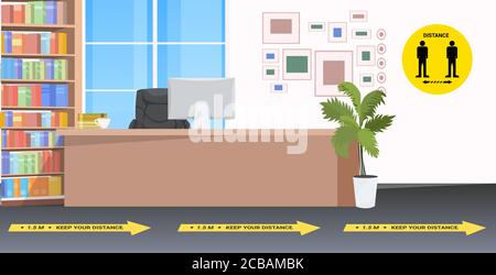 vide, pas de réception avec des panneaux pour les distances sociales autocollants jaunes mesures de protection contre les épidémies de coronavirus illustration du vecteur horizontal Illustration de Vecteur