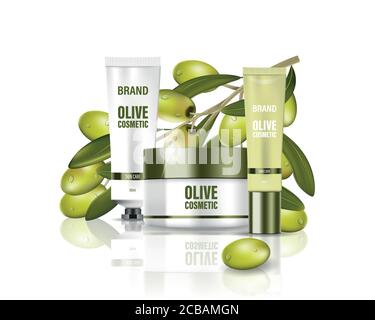 Pot à crème hydratante avec lait, crème pour le visage, le corps et les mains à l'huile d'olive. Affiche cosmétique avec fond vert olives. Cosmétique isolée Illustration de Vecteur