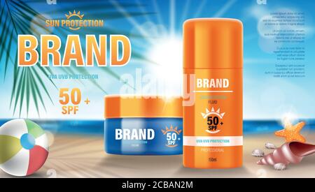 Modèle de protection solaire, écran solaire et écran solaire. Des publicités de produits cosmétiques avec des coquillages et des palmiers sur le bord de mer de la plage. Visage et corps Illustration de Vecteur