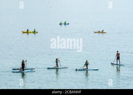 Lyme Regis, Dorset, Royaume-Uni. 12 août 2020. Météo Royaume-Uni. Paddle-boarders sur la mer calme à la station balnéaire de Lyme Regis à Dorset sur un autre jour chaud chaud chaud et ensoleillé que la vague de chaleur continue. Crédit photo : Graham Hunt/Alamy Live News Banque D'Images