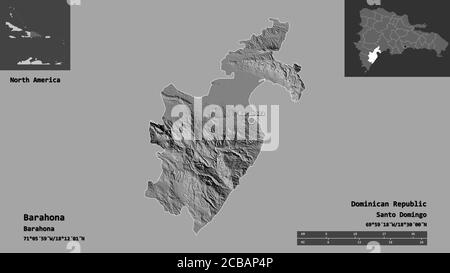 Forme de Barahona, province de la République dominicaine, et sa capitale. Echelle de distance, aperçus et étiquettes. Carte d'élévation à deux niveaux. Rendu 3D Banque D'Images