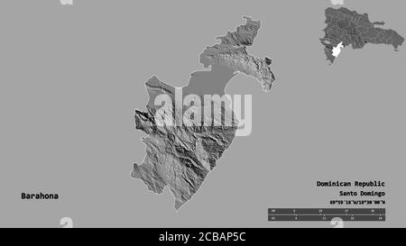 Forme de Barahona, province de la République dominicaine, avec sa capitale isolée sur fond solide. Échelle de distance, aperçu de la région et libellés. Biniveau e Banque D'Images