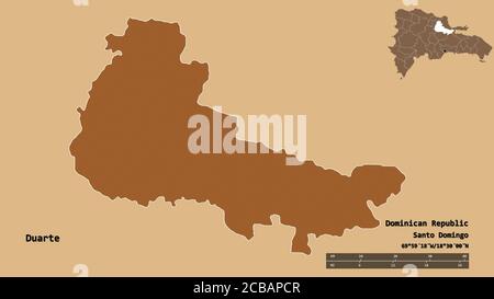 Forme de Duarte, province de la République dominicaine, avec sa capitale isolée sur fond solide. Échelle de distance, aperçu de la région et libellés. Composition Banque D'Images
