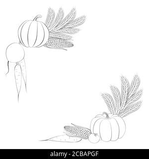 élément de décoration d'angle d'art monochrome de la gamme de légumes. concept de récolte. illustration d'automne avec oreilles de citrouille et de blé. Illustration de Vecteur