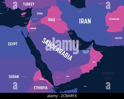 Carte du Moyen-Orient. Carte politique détaillée du Moyen-Orient et de la péninsule arabique avec étiquetage des noms de pays, de capitale, d'océan et de mer. Illustration de Vecteur