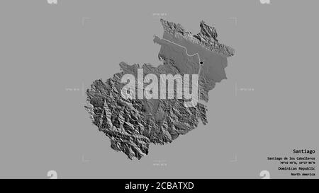 Région de Santiago, province de la République dominicaine, isolée sur un fond solide dans une boîte englobante géoréférencée. Étiquettes. Carte d'élévation à deux niveaux. Réf. 3D Banque D'Images