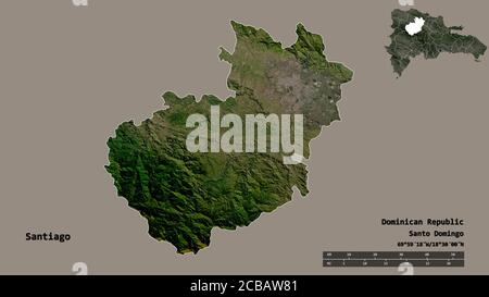 Forme de Santiago, province de la République dominicaine, avec sa capitale isolée sur fond solide. Échelle de distance, aperçu de la région et libellés. Satellite Banque D'Images